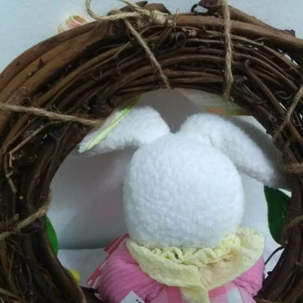 Two Easter GRAPEVINE Wreaths w/ Stuffed Bunny Ladybug, Button, Flowers New